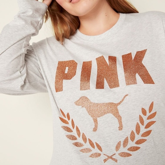 Victoria's Secret PINK Shine Long Sleeve Campus Tee Grey w Glitter Logo L NEW - Picture 3 of 5